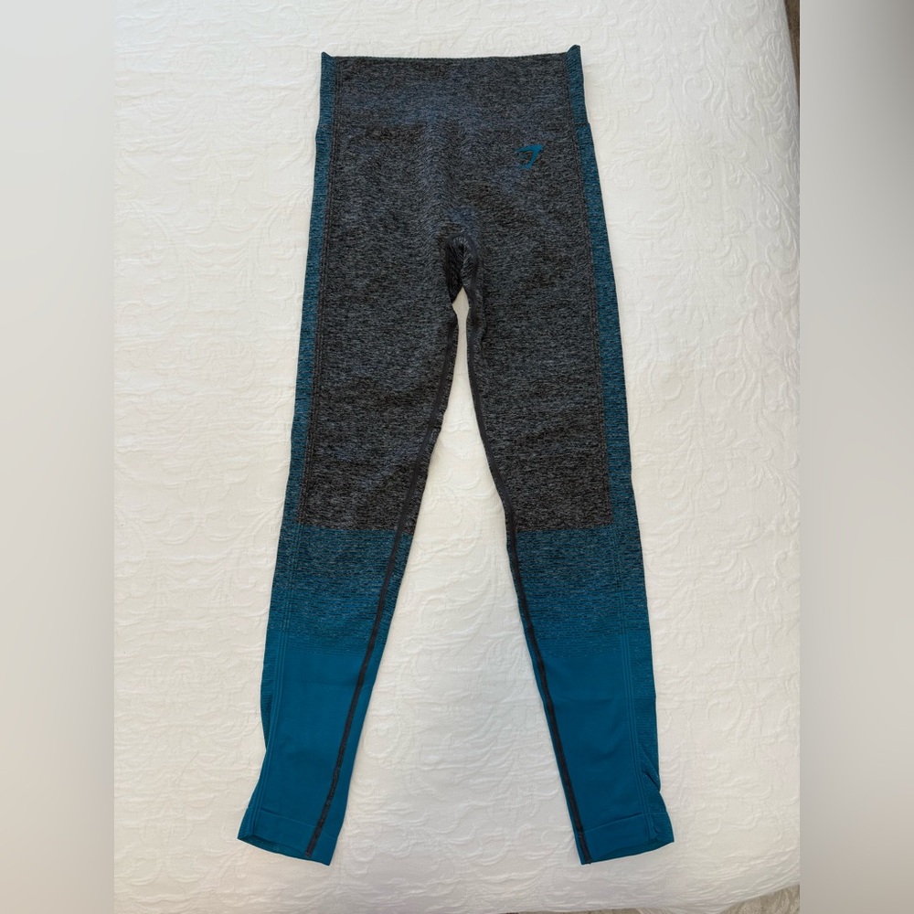Gymshark amplify seamless leggings, gray, and turquoise ombre
